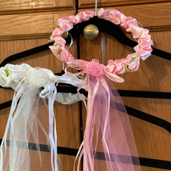 Childrens faux satin floral crown with veil and ribbon. Pink #4 or White #2 - Picture 3 of 5